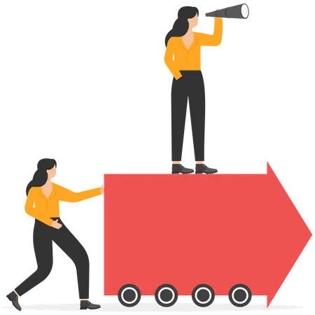 Employees push forward arrow and boss standing at on arrow  Illustration