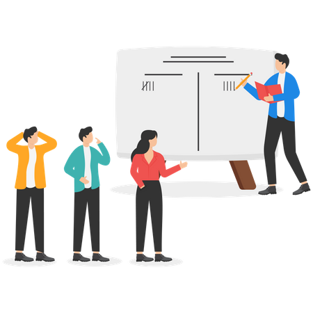 Employees raising hands to vote for finding conclusion among project team meeting Illustration