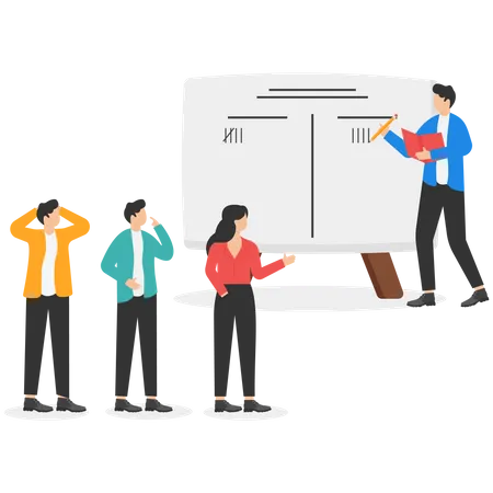 Employees raising hands to vote for finding conclusion among project team meeting Illustration