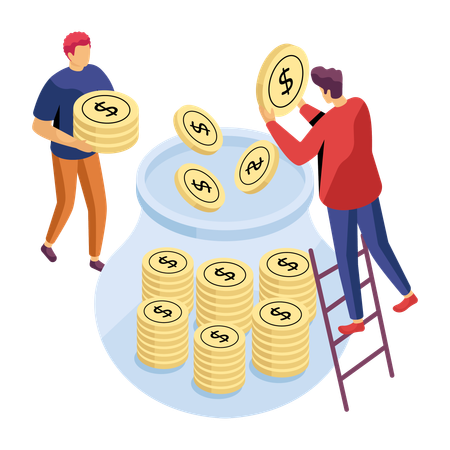 Employees saving money in money jar  Illustration