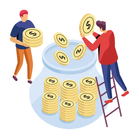 Employees saving money in money jar  Illustration