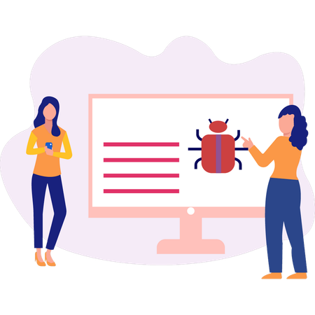 Employees talking about bug virus on monitor  Illustration