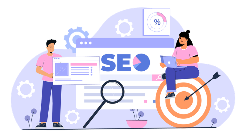 Employees targeting SEO development goals  Illustration