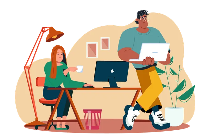 Employees use computers and laptops to fully work in the office  Illustration