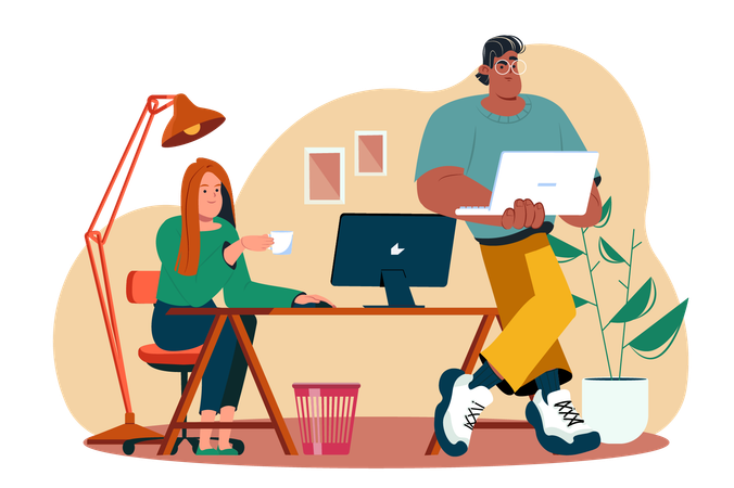 Employees use computers and laptops to fully work in the office  Illustration