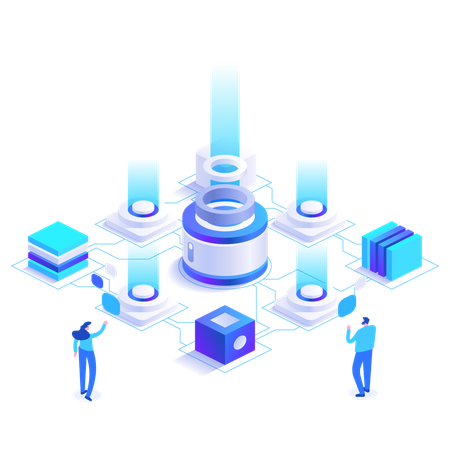 Employees viewing file storage management on server  Illustration