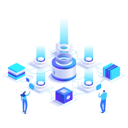 Employees viewing file storage management on server  Illustration