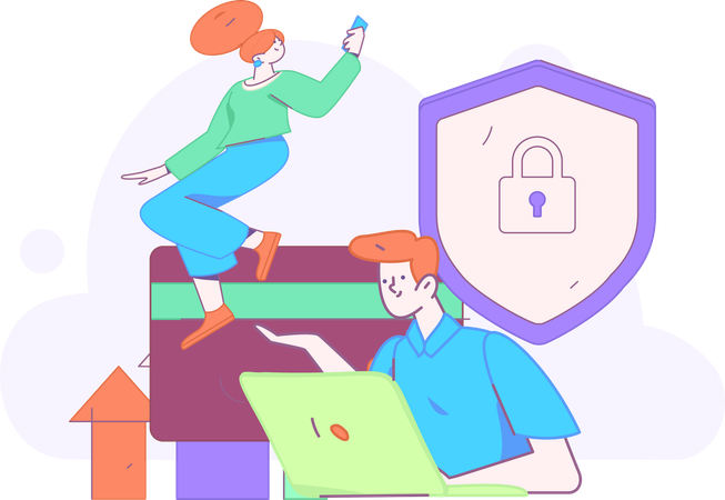 Employees work on business protection  Illustration