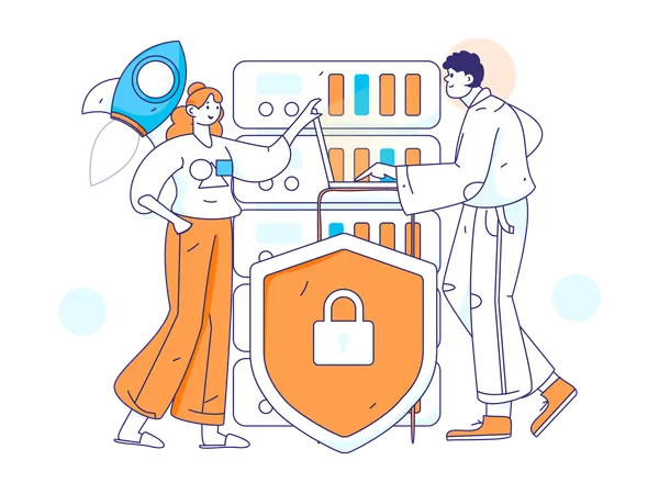 Employees work on database security  イラスト