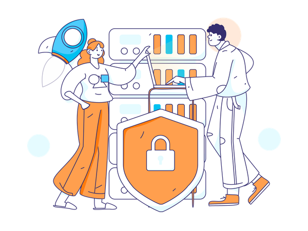 Employees work on database security  Illustration