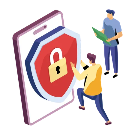 Employees work on mobile security  Illustration