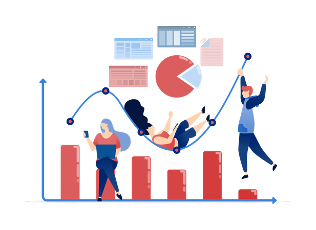 Employees Working Around Bar Chart Graph that Goes Up and Down  Illustration