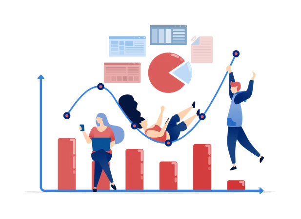 Employees Working Around Bar Chart Graph that Goes Up and Down  Illustration