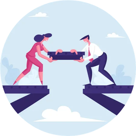 Team Work Metaphor People Put Piece Of Metal Construction For Making Bridge Teamwork Cooperation Male And Female Characters Partnership And Compromise In Business Cartoon Flat Vector Illustration Illustration