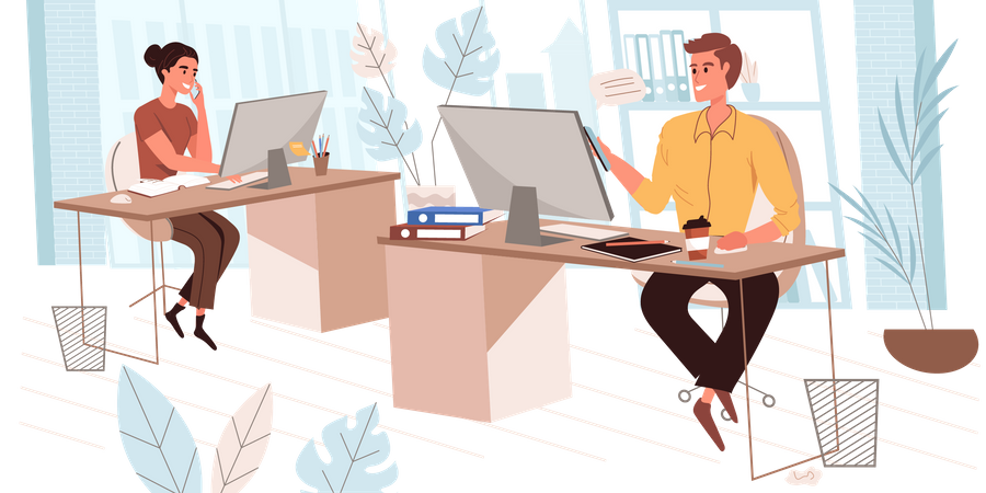 Employees Working At Computers Illustration