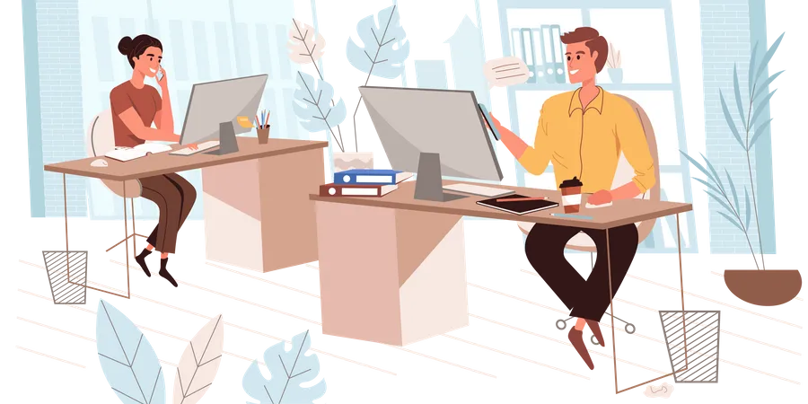Employees Working At Computers Illustration