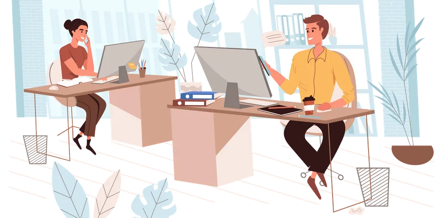 Employees Working At Computers  Illustration