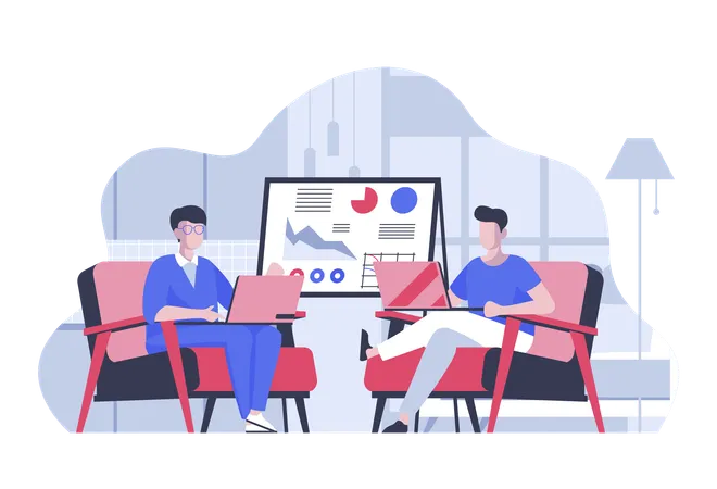 Teamwork Concept With Cartoon People In Flat Design For Web Employees Working At Laptop And Discussing Chart Report Presentation Vector Illustration For Social Media Banner Marketing Material Illustration