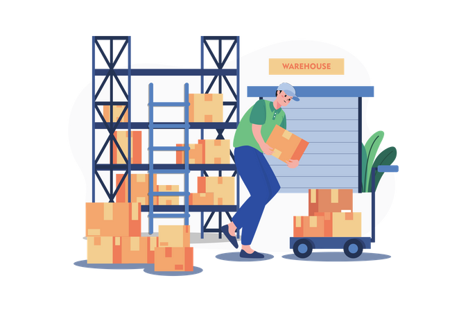 Employees Working In Warehouse Illustration