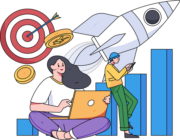 Employees working on launching product  Illustration