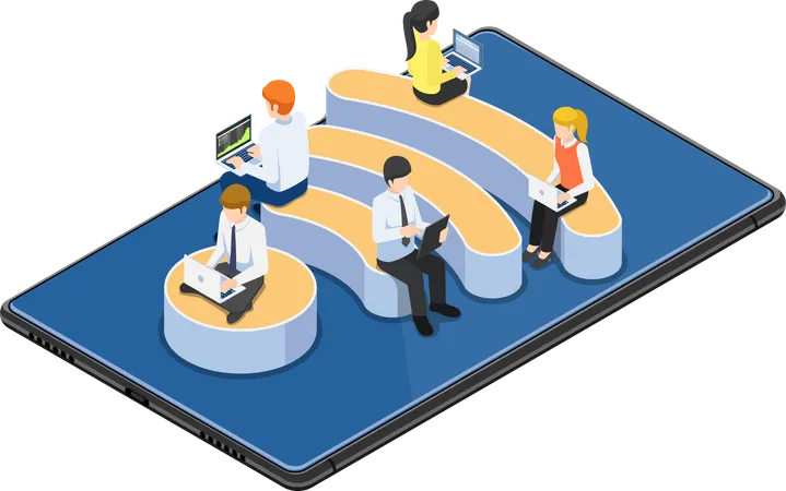 Flat 3 D Isometric Busienss People With Laptops Working While Sitting On Wi Fi Hotspot Icon On Digital Tablet Wi Fi Hotspot Wireless Network And Internet Connection Concept Illustration