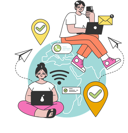 Employees working remotely over the globe  イラスト