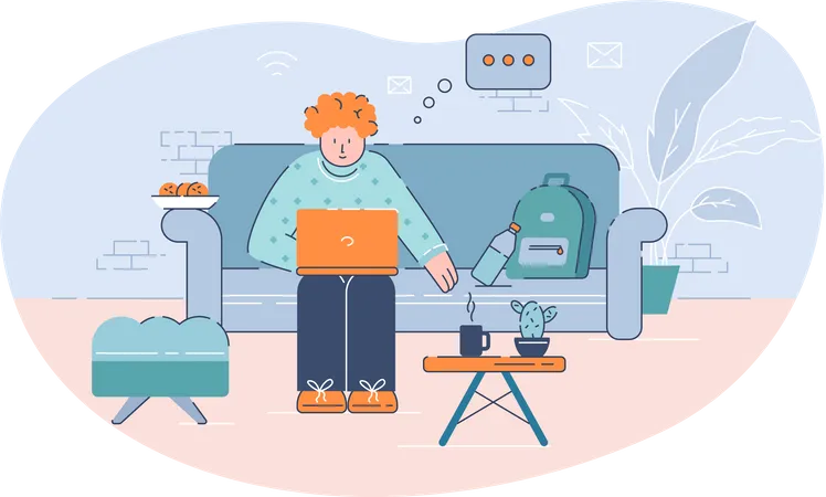 Distant Work And Education Semi Flat Vector Illustration Young Person Using Laptop At Home 2 D Cartoon Character For Commercial Use Freelancer Working From Home College Student Studying Remotely Illustration
