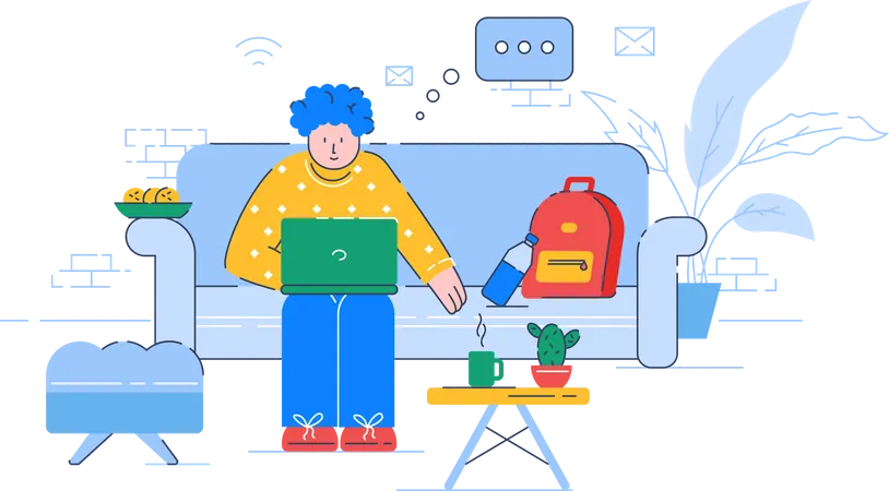 Remote Job E Learning Semi Flat RGB Color Vector Illustration Young Freelancer Student With Laptop Isolated Cartoon Character On White Background Distant Work Online Education At Home Illustration