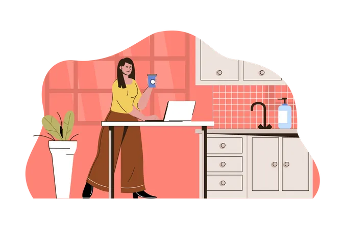 Outsource Work Concept Woman Remote Worker Working In Kitchen Of Home Situation Freelancer Project Work People Scene Vector Illustration With Flat Character Design For Website And Mobile Site Illustration