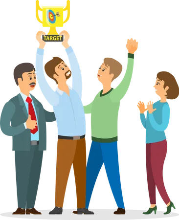 Employers And Employees With Trophy And Target Vector People Celebrating Success Of Team Boss Leader With Workers Businessman And Businesswoman Illustration