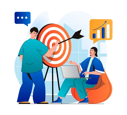 Business Target Concept In Modern Flat Design Businessman Holds Arrow And Aims At Dartboard Businesswoman Analyzing Data Achievement Of Career Goals Business Strategy Vector Illustration Illustration