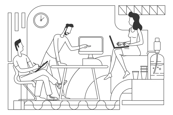 Teamwork Thin Line Vector Illustration Businessmen And Businesswoman Coworking Outline Characters On White Background Office Workers Cooperation And Brainstorming Simple Style Drawing Illustration