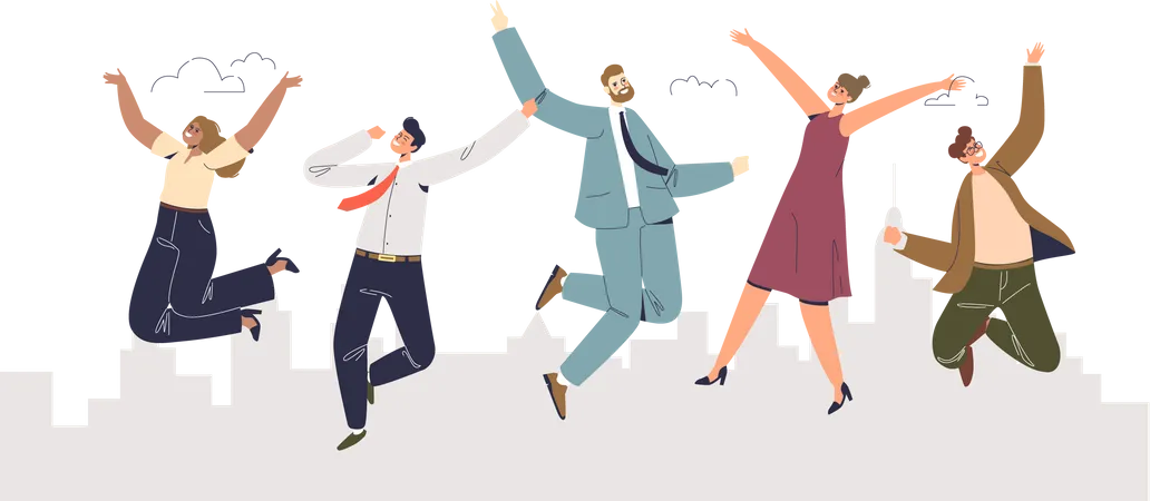 Business Team Jumping Celebrating Success Happy Group Of Businesspeople Cheerful And Emotional Male And Female Colleagues Winners Cheering To Achievement Cartoon Flat Vector Illustration Illustration