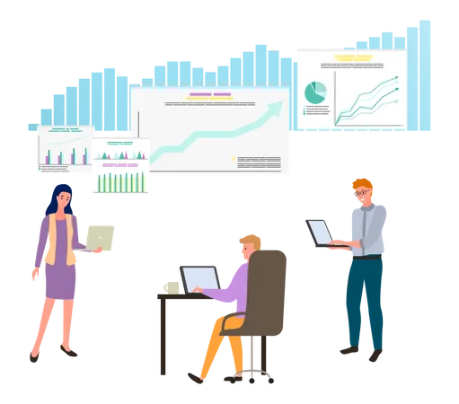 Les employés analysent le graphique d'analyse des données  Illustration