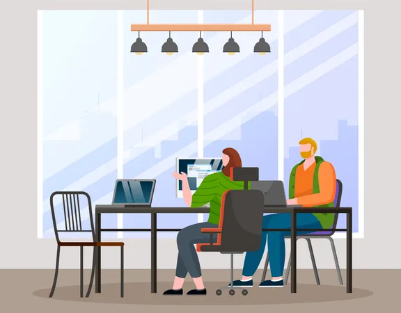 Employés assis devant des ordinateurs et travaillant avec des données d'entreprise  Illustration