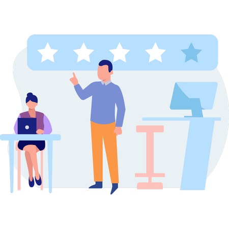 Employés d'entreprise vérifiant les évaluations des clients  Illustration