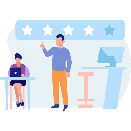 Employés d'entreprise vérifiant les évaluations des clients  Illustration