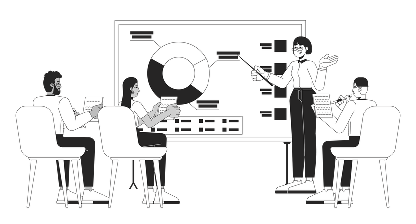 Employés de bureau participant à des réunions d'analyse de données  Illustration