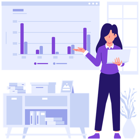 Employés discutant des données d'un graphique à barres  Illustration