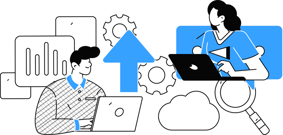 Employés effectuant des analyses de données en ligne  Illustration