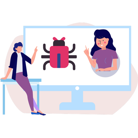 Des employés parlent d'un bug sur le moniteur  Illustration