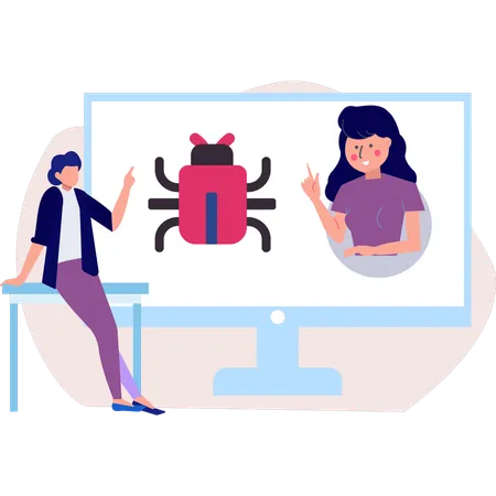 Des employés parlent d'un bug sur le moniteur  Illustration