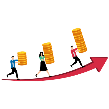 Des employés transportent des piles de pièces de monnaie en hausse  Illustration