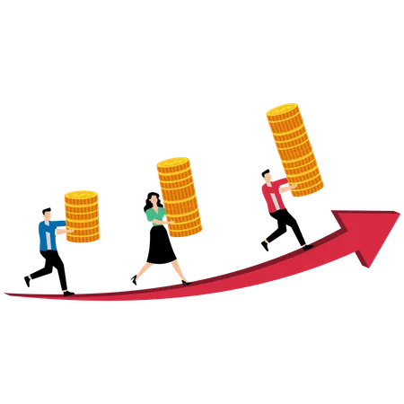 Des employés transportent des piles de pièces de monnaie en hausse  Illustration