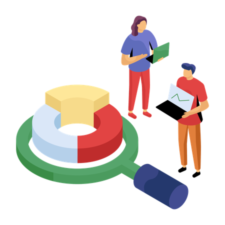 Les employés travaillent sur un graphique à secteurs financier  Illustration