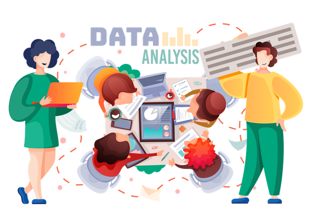 Les employés travaillent sur l'analyse commerciale  Illustration