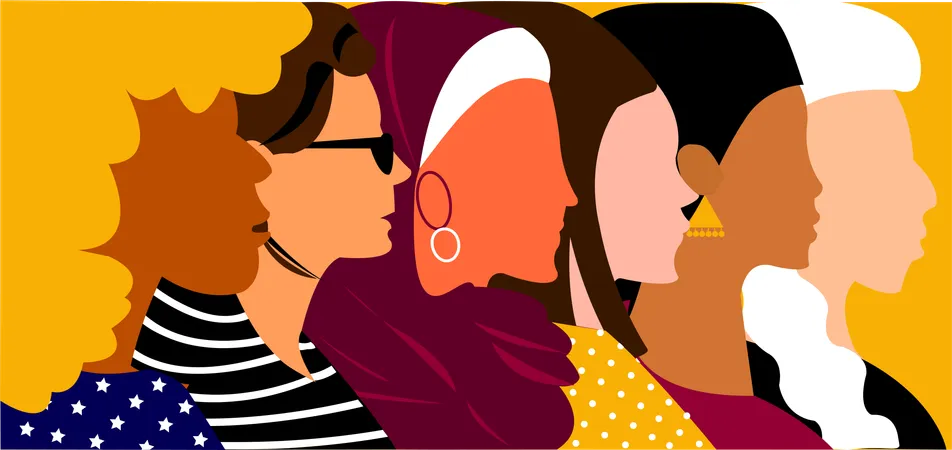 Ilustracao Sobre Empoderamento Feminino Vinculo Diversidade E Inclusao Sem Nenhuma Diferenca Face Lateral Do Grupo De Mulheres E Meninas Diversa E Forma Cultura Variada Ilustração