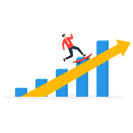 Empreendedor andando de skate rapidamente ao aumentar o diagrama do gráfico de lucro  Ilustração