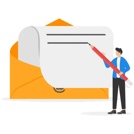 Empreendedor inteligente abrindo envelope de e-mail segurando caneta tinteiro  Ilustração