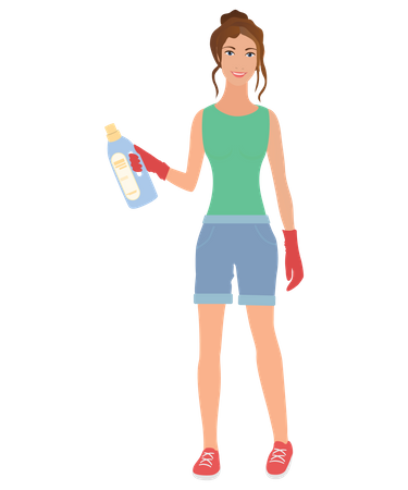 Empregada doméstica com líquido de limpeza  Ilustração